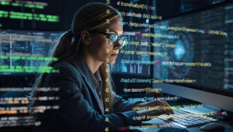 Computer consultant in front of computer