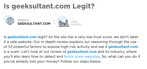 ScamDedector.com Fake Review of Geeksultant.com